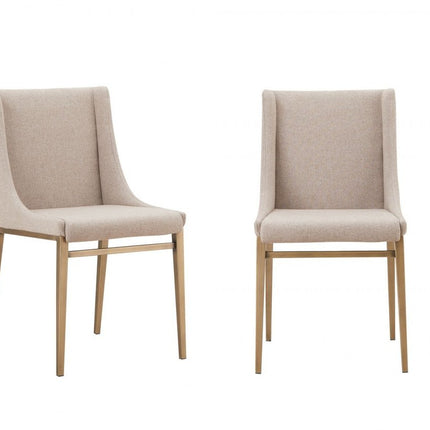 Set of Two Beige and Antiqued Brass Upholstered Fabric Wing Back Dining Side Chairs HomeRoots