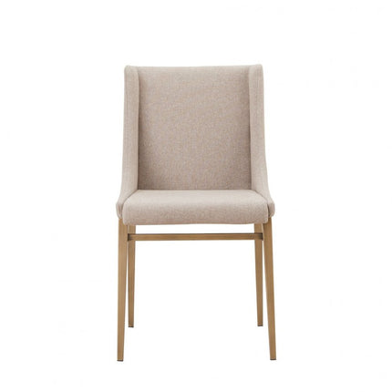 Set of Two Beige and Antiqued Brass Upholstered Fabric Wing Back Dining Side Chairs HomeRoots