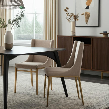 Set of Two Beige and Antiqued Brass Upholstered Fabric Wing Back Dining Side Chairs HomeRoots