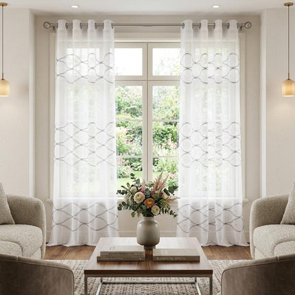 Set of Two 96"  White Wave Embroidered Window Panels HomeRoots