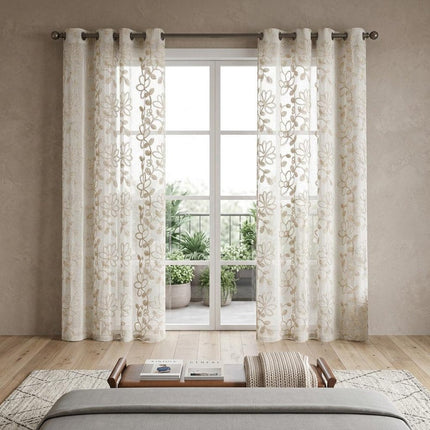 Set of Two 84"  Tan Floral Embroidered Window Panels HomeRoots