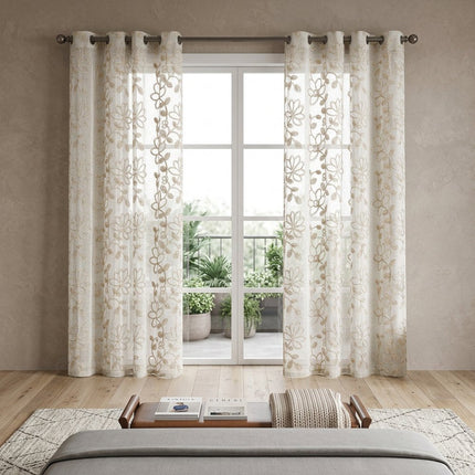 Set of Two 84"  Tan Floral Embroidered Window Panels HomeRoots