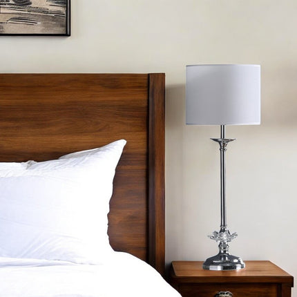 26" Silver Metal And Faux Crystal Table Lamp With White Cylinder Shade HomeRoots