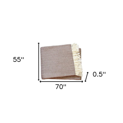 70" X 55" Copper And White Cotton Blend Woven Herringbone Plush Throw Blanket with Tassels HomeRoots