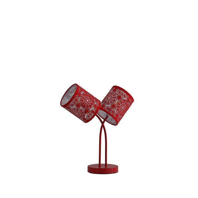 17" Red Metal Two Light Table Lamp With Red Abstract Drum Shade HomeRoots