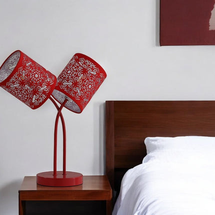 17" Red Metal Two Light Table Lamp With Red Abstract Drum Shade