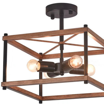 Brown And Black Lantern Four Light Metal Chandelier