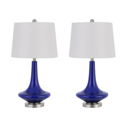 Set Of Two 26" Silver Metal Two Light Bedside Table Lamps With White Globe Shade
