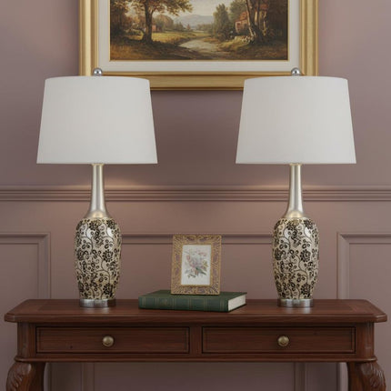 Set Of Two 30" Silver Metal Two Light Bedside Table Lamps With White Globe Shade HomeRoots