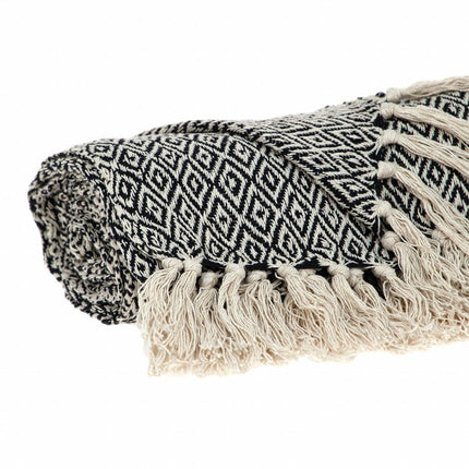 52" X 67" Black And Beige Geometric Diamond Throw Blanket with Tassels HomeRoots
