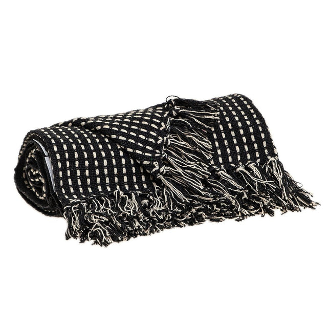 52" X 67" Black and White Woven Cotton Striped Throw Blanket with Tassels HomeRoots