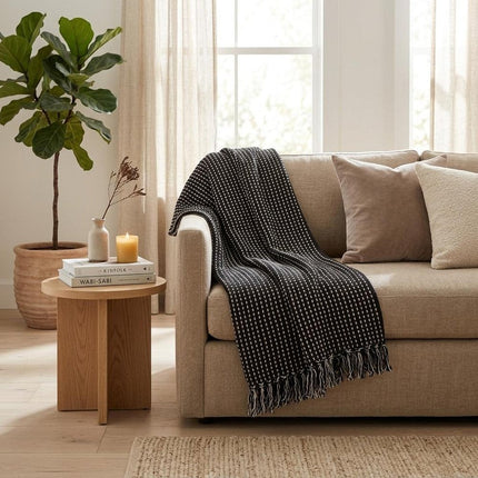 52" X 67" Black and White Woven Cotton Striped Throw Blanket with Tassels HomeRoots