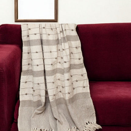 Tufted Beige Fringed Woven Handloom Throw HomeRoots