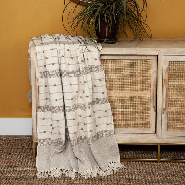 Tufted Beige Fringed Woven Handloom Throw HomeRoots