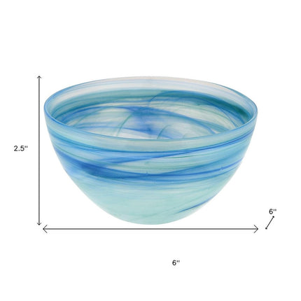 Set of Two 6" Aqua Blue And White Alabaster Glass Round Candy or Nut Bowls HomeRoots