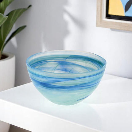 Set of Two 6" Aqua Blue And White Alabaster Glass Round Candy or Nut Bowls HomeRoots