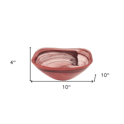 10" Red And White Alabaster Glass Square Salad Bowl HomeRoots