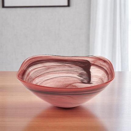 10" Red And White Alabaster Glass Square Salad Bowl HomeRoots