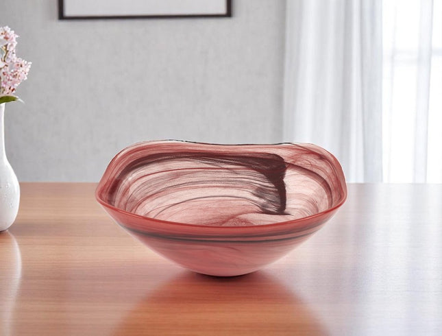 10" Red And White Alabaster Glass Square Salad Bowl HomeRoots