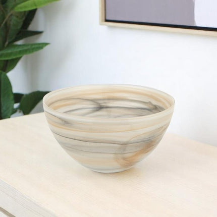 6" Taupe And White Alabaster Glass Round Candy or Nut Bowl HomeRoots