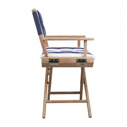 23" Blue and White and Natural Wood Solid Wood Indoor Outdoor Director Chair with Blue and White Cushion HomeRoots