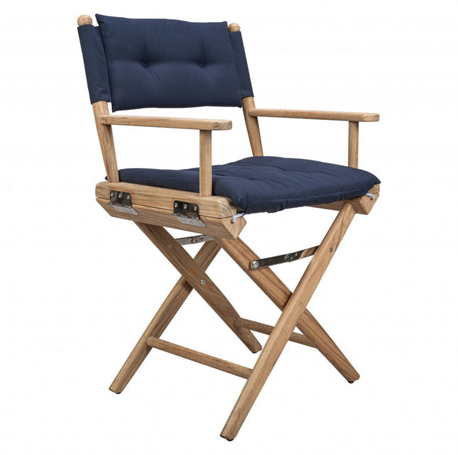 Navy Blue And Brown Solid Wood Director Chair With Navy Blue Cushion HomeRoots