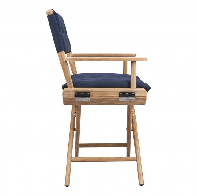 Navy Blue And Brown Solid Wood Director Chair With Navy Blue Cushion HomeRoots