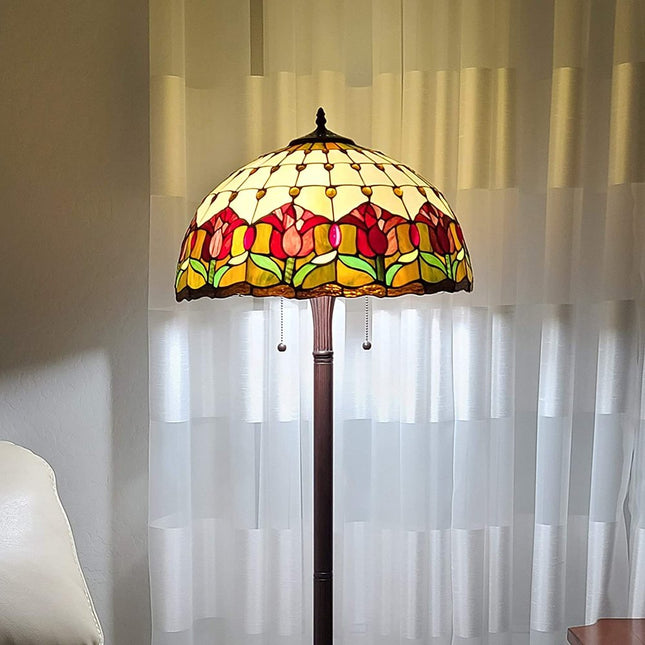 62" Brown Two Light Traditional Shaped Floor Lamp With Red Flowers Stained Glass Dome Shade HomeRoots
