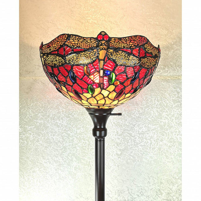 69" Black And Red Torchiere Floor Lamp With Red Dragonfly Glass Dome Shade HomeRoots