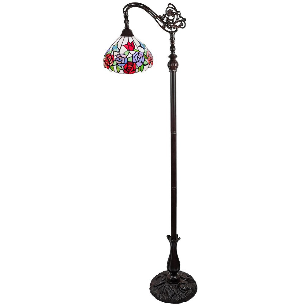 62" Espresso Metal Torchiere Floor Lamp With Green And White Flowers Glass Dome Shade