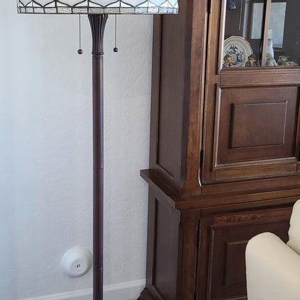 62" Brown And White Two Light Torchiere Floor Lamp With White Geometric Glass Dome Shade HomeRoots