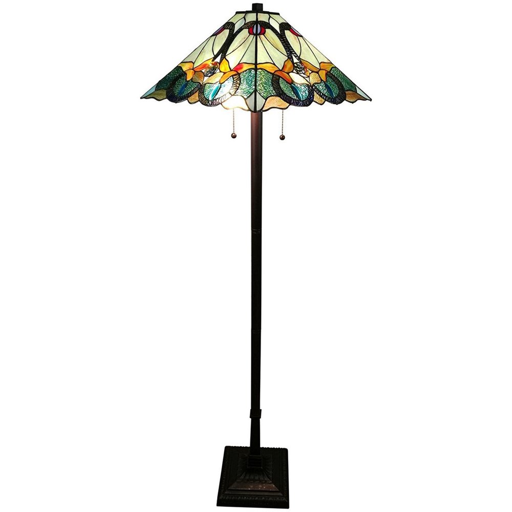 62" Espresso Two Light Torchiere Floor Lamp With Blue Flowers Glass Cone Shade