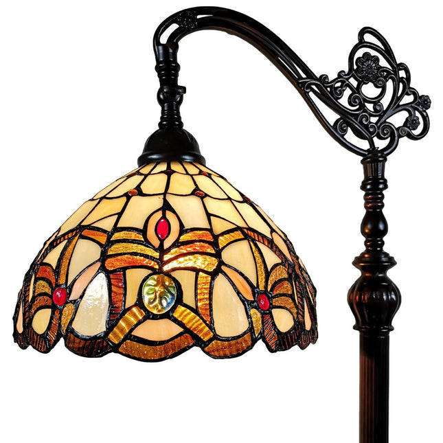 62" Brown Metal Arched Floor Lamp With Amber and Red Flowers Stained Glass Shade HomeRoots