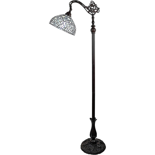 62" Brown And White Torchiere Floor Lamp With White Peacock Feather Glass Dome Shade HomeRoots