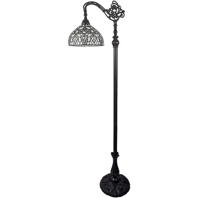 62" Brown And White Torchiere Floor Lamp With White Peacock Feather Glass Dome Shade HomeRoots