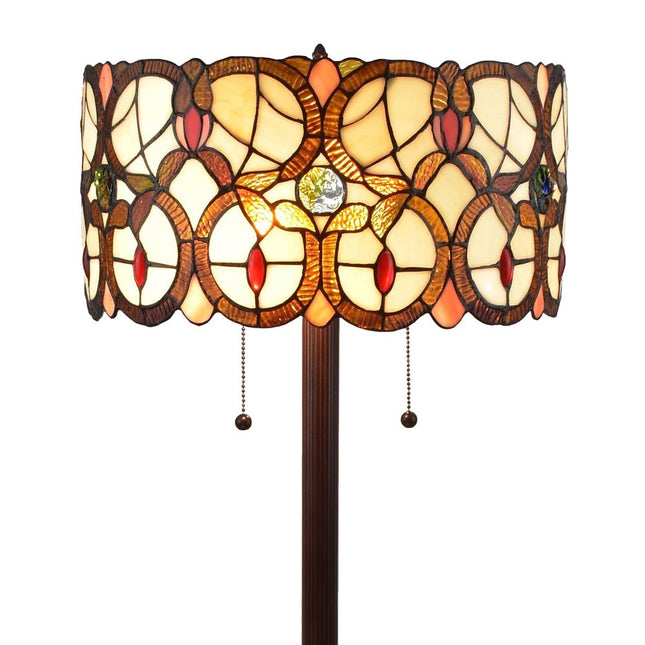 63" Beige Metal Two Light Torchiere Floor Lamp With Red And White Flowers Glass Drum Shade HomeRoots