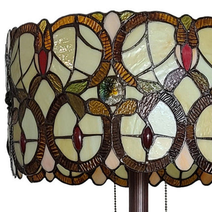 63" Beige Metal Two Light Torchiere Floor Lamp With Red And White Flowers Glass Drum Shade HomeRoots