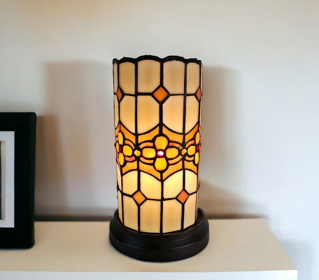 11" Brown and Beige Mosaic Tile Stained Glass Accent Lamp HomeRoots