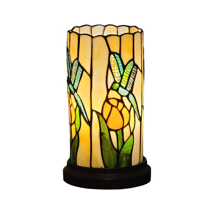11" Beige and Green Dragonfly Stained Glass Accent Lamp HomeRoots