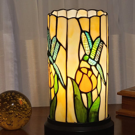 11" Beige and Green Dragonfly Stained Glass Accent Lamp HomeRoots