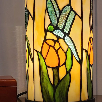 11" Beige and Green Dragonfly Stained Glass Accent Lamp HomeRoots