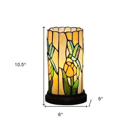 11" Beige and Green Dragonfly Stained Glass Accent Lamp HomeRoots