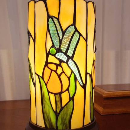 11" Beige and Green Dragonfly Stained Glass Accent Lamp HomeRoots