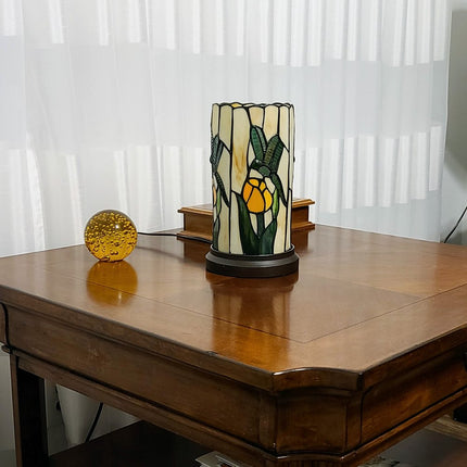 11" Beige and Green Dragonfly Stained Glass Accent Lamp HomeRoots