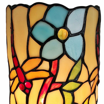 10" Red and Beige Dragonfly Stained Glass Accent Lamp HomeRoots