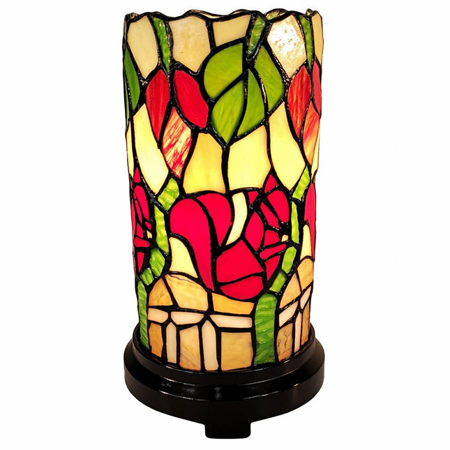 14" Red Green and Black Floral Stained Glass Accent Lamp HomeRoots