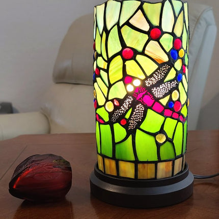11" Green and Pink Dragonfly Stained Glass Accent Lamp HomeRoots