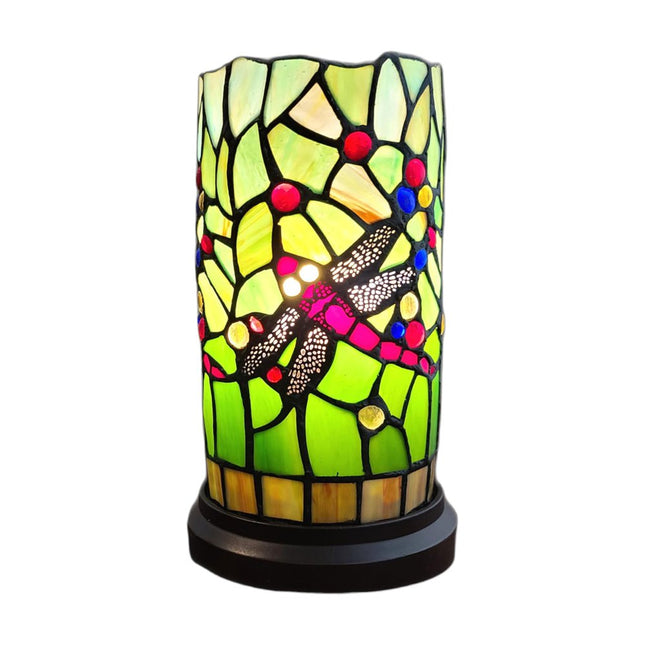 11" Green and Pink Dragonfly Stained Glass Accent Lamp HomeRoots