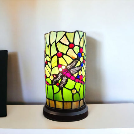 11" Green and Pink Dragonfly Stained Glass Accent Lamp HomeRoots