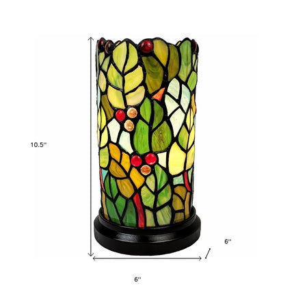 11" Green and Red Leaves and Berries Stained Glass Accent Lamp HomeRoots